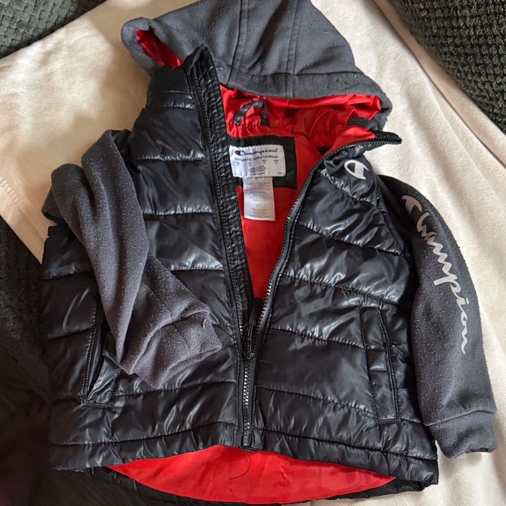 Champion Kids' Black and Red Hooded Puffer Jacket